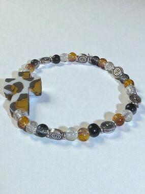 Leopard Print Cross Beaded Stretch Bracelet